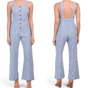 Japna Blue/White Striped 100% Cotton Jumpsuit Size Small Lightweight Airy Casual